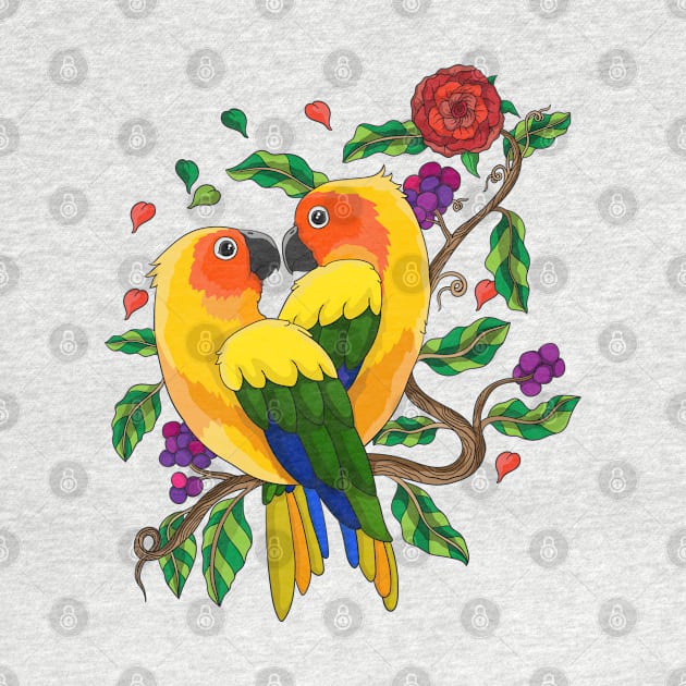 Perched parrot valentine hand drawn by Mako Design 